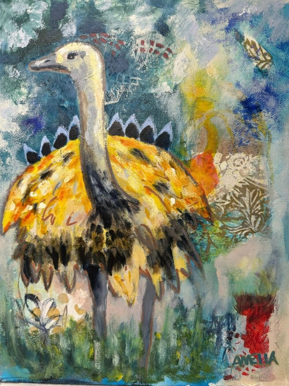 Original Fine Art Painting Ostrich Bird OOAK Gallery Wrapped Wall Art Decor